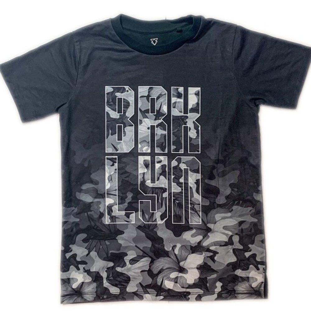 River Island Boys Navy Camouflage Fade 'BRKLYN' Print Short Sleeve T-Shirt, 8Yrs